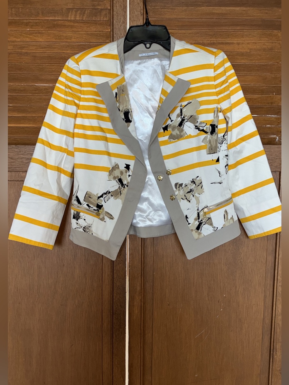 ' Yellow Stripe & Floral Trim Blazer Jacket